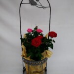 小鳥が止まり木に止まっている可愛いバスケットに、ミニバラをセットしました。 バスケットの模様も可愛いハート模様